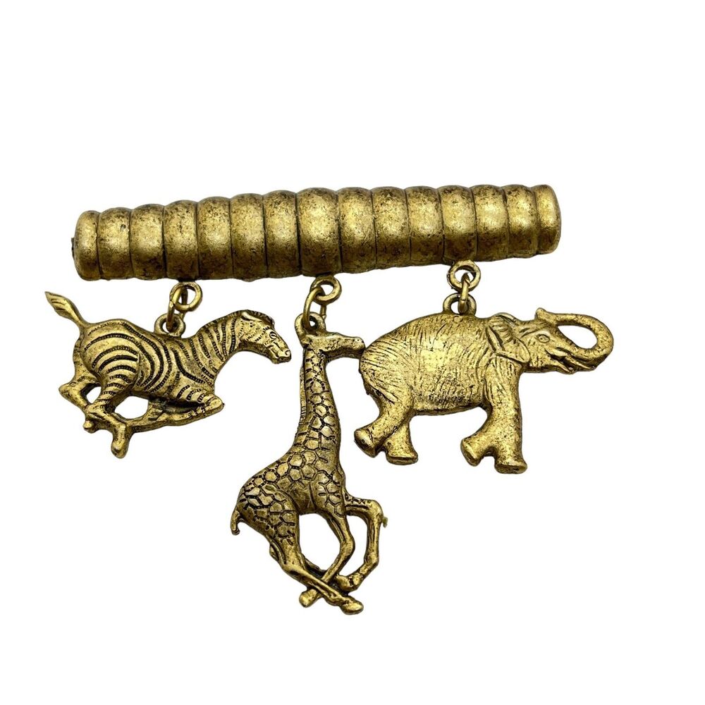 Safari Animal Pin Bar Brooch Vintage Gold Tone Dangling Elephant Giraffe Zebra
